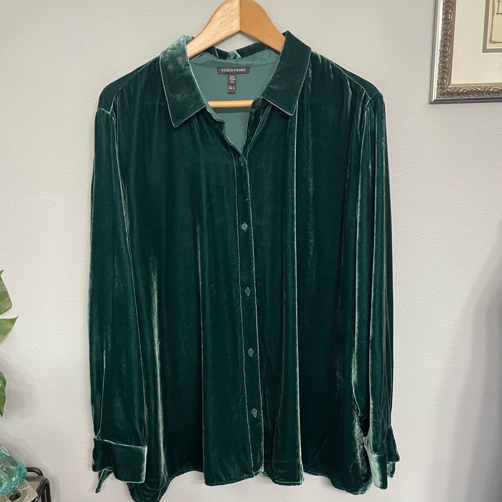 Eileen Fisher Deep Green Velvet Button-Down Shirt Size 1x
